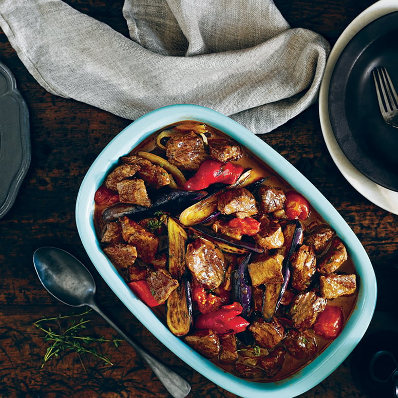 One-pot beef casserole with roasted eggplant